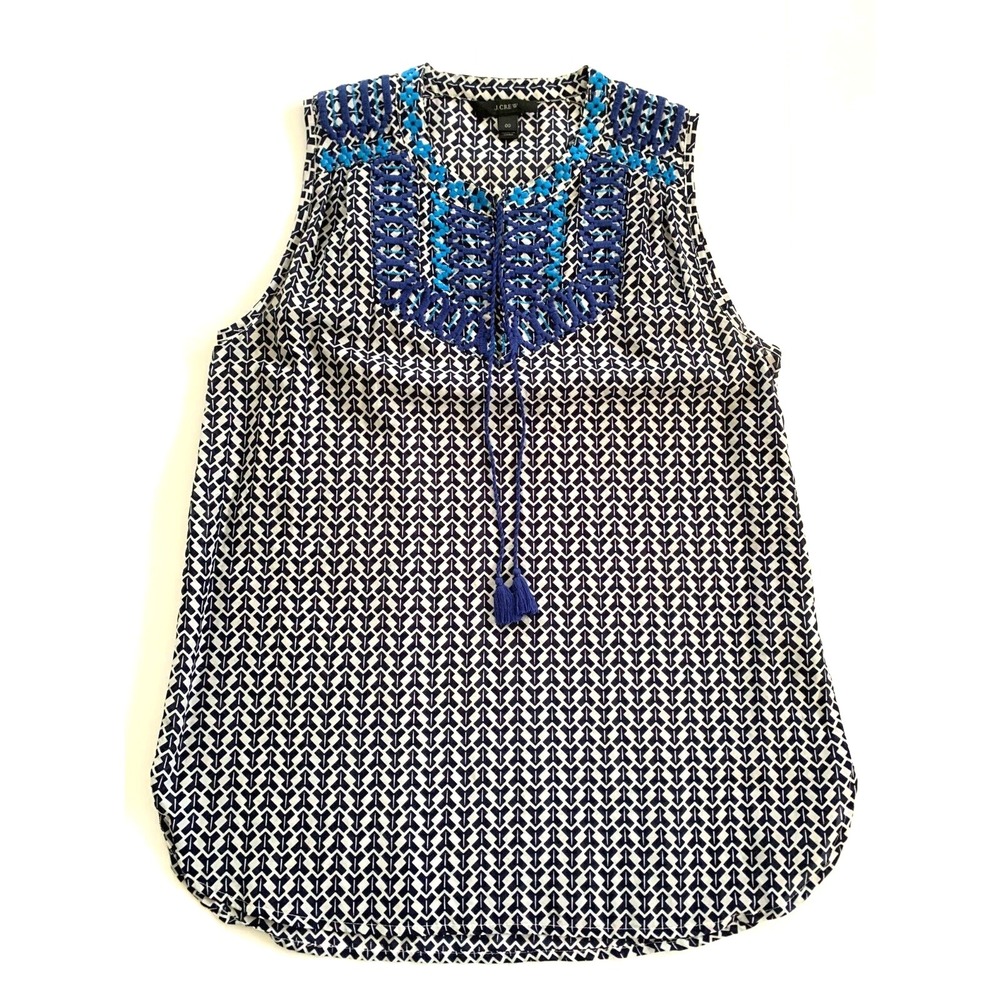 J Crew Embroidered Tassel Tie Arrow Print Top Blouse sz 00 Cotton Silk Blue